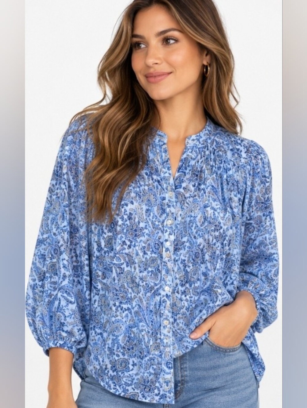 Pilcro by Anthropologie Women’s Sz S Oversized Blue Paisley Button-Front Blouse